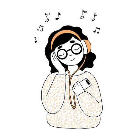 Girl in headphones listens to music. Vector illustration in hand drawn doodle style.のイラスト素材