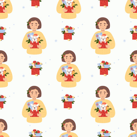 Christmas seamless pattern. Cute woman with funny dog New Year gifts and balls on white background. Vector illustrationのイラスト素材