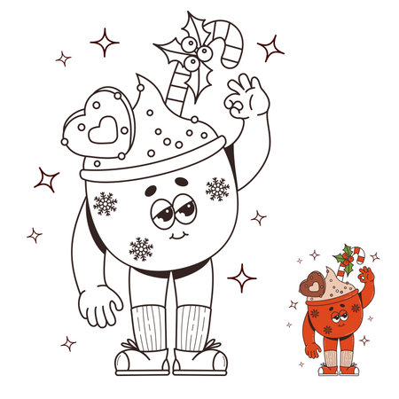 Christmas retro cartoon hot cup cocoa. Retro groovy character in 60s, 70s style. Vibes Vector illustration. linear coloring drawing. Kids collection. Merry Christmas and Happy New Yearのイラスト素材