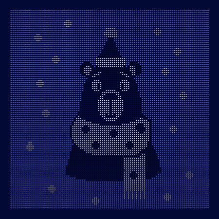Knitted winter bear character with snow. warm vector illustration. holiday knitted backgroundのイラスト素材