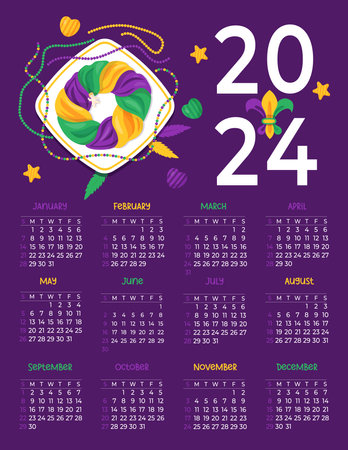 2024 annual calendar. Mardi Gras carnival. Festive King Cake with baby Jesus toy, necklaces on plate. Vector illustration in cartoon style. Vertical template 12 months in English. Week starts Sunday.のイラスト素材