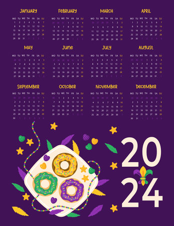 2024 annual calendar. Mardi Gras carnival. King Cake. Festive colorful donuts on plate. Vector illustration in cartoon style. Vertical template 12 months in English. Week from Monday.のイラスト素材