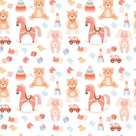 Children toys seamless pattern. Plush toys, car, cubes and rocking horse on white background. Vector illustration in cartoon style Cute kids collection.のイラスト素材