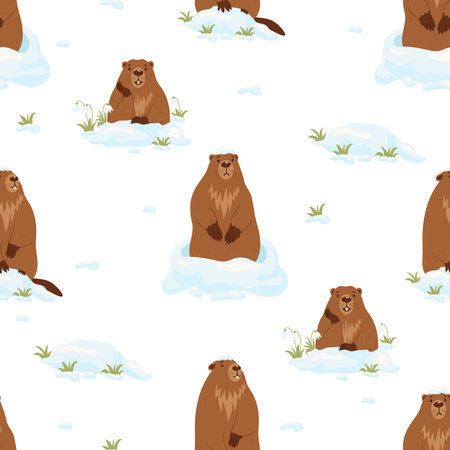 Seamless pattern with cute marmots with snow and snowdrops on white background. Vector illustration. Holiday design, decor, packaging and wallpaper for Groundhog Day February 2.のイラスト素材