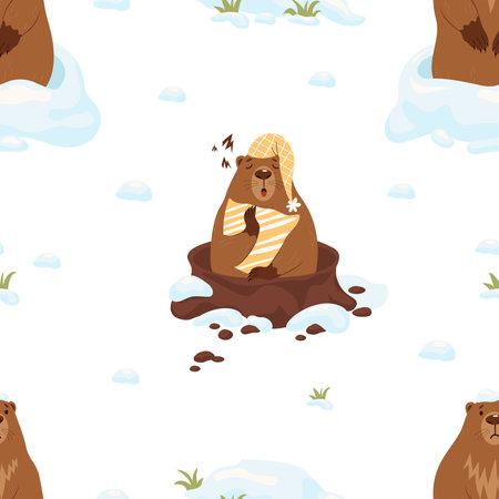 Seamless pattern with groundhog. Sleeping marmot with pillow and sad rodent in snowy hole on white background. Vector illustration. Holiday design, decor, packaging and wallpaper for Groundhog Dayのイラスト素材