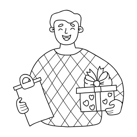 Cute man with gift. Vector romantic outline character hand drawing for festive design for Valentine dayのイラスト素材