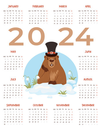 2024 annual calendar. Cute groundhog character in hat in snow with snowdrops. Vector illustration. Vertical template 12 months in English. Week starts from Monday. Holiday calendar Groundhog Dayのイラスト素材