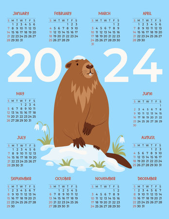 2024 annual calendar. Cute animal groundhog in snow with snowdrops. Vector illustration. Vertical template 12 months in English. Week starts Sunday. Holiday calendar Groundhog Dayのイラスト素材