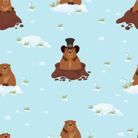 Seamless pattern with groundhogs peeking out of hole on blue background with snow and snowdrops. Vector illustration. Holiday design, decor, packaging and wallpaper for Groundhog Day February 2のイラスト素材