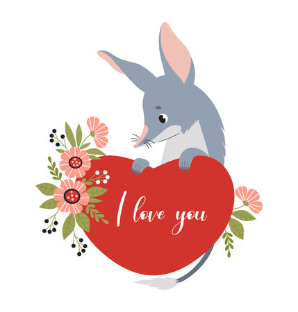 Cute bilby with heart and flowers. Australian animal. Valentine greeting card I love you. Vector illustration in flat cartoon styleのイラスト素材