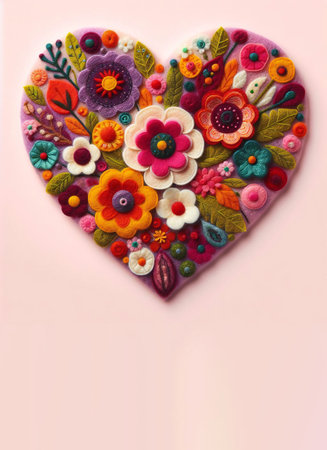 Heart with flowers on pink background. Romantic valentine in felt art patchwork quilt, colorful expressionist style,の素材