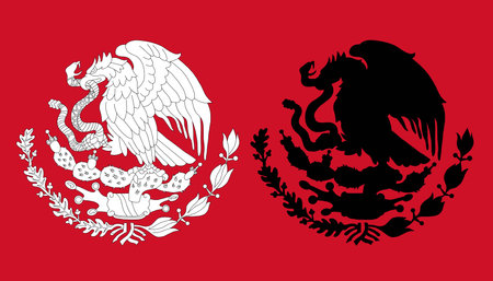 Symbol of Mexico. Coat arms with eagle Black silhouette and outline coloring flag emblem. Vector illustrationのイラスト素材