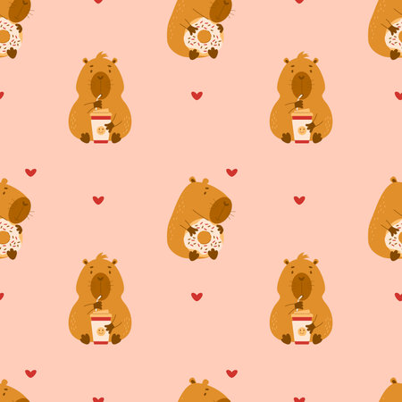 Seamless pattern. Cute animal capybara with donut and coffee on pink background with hearts. Vector illustration for design, wallpaper, packaging, textile. kids collectionのイラスト素材