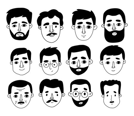 Men portraits Male doodles set Isolated vector Collection hand drawn drawings of men headsのイラスト素材
