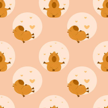 Seamless pattern. Cute characters capybara doing yoga and sleeping animal on light background. Vector illustration for design, wallpaper, packaging, textile. kids collectionのイラスト素材