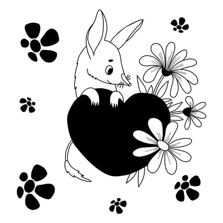 Australian cute animal bilby with heart and flowers. Valentine enamored character. Vector hand drawing doodle. Kids collectionのイラスト素材