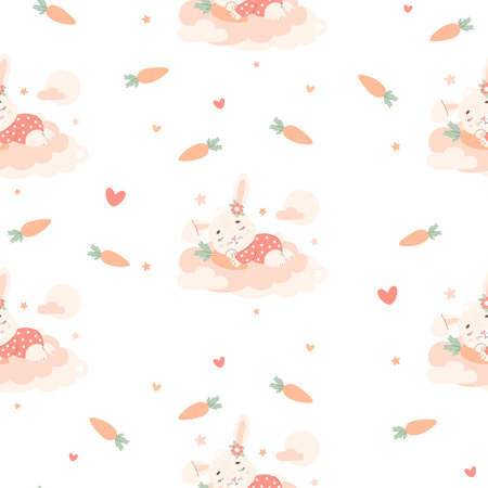 Seamless pattern with cute little sleeping rabbit with carrot on cloud on white background. Vector illustration for design, wallpaper, packaging, textile. Kids collectionのイラスト素材