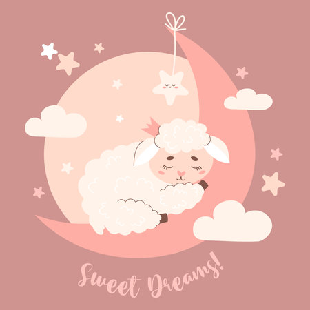 Cute little sleeping sheep princess on the moon. Sweet Dreams. Pastel baby card with sleep animal character. Vector illustration. Kids collectionのイラスト素材