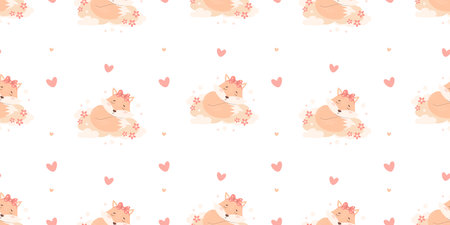 Seamless pattern with sleeping animal fox on cloud on white background. Vector illustration for design, wallpaper, packaging, textile. Kids collectionのイラスト素材
