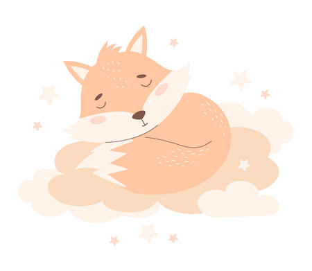 Cute sleeping animal fox on cloud. Vector illustration. Red wild animal character in pastel colors. Kids collectionのイラスト素材