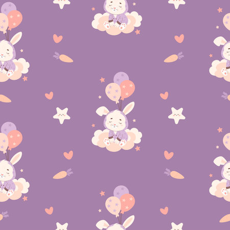 Seamless pattern with animal sleeping bunny with balloons on cloud on purple background. Vector illustration for design, wallpaper, packaging, textile. Kids collectionのイラスト素材