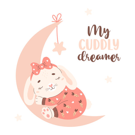 Cute little sleeping animal rabbit in pajamas on the moon. Vector illustration in pastel colors. Kids collectionのイラスト素材