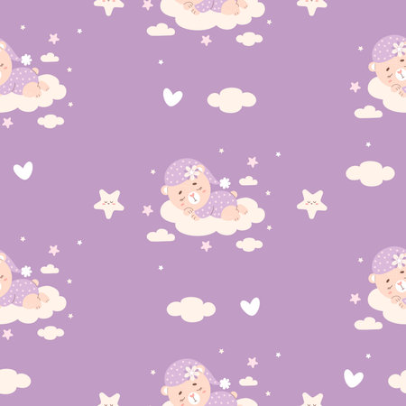 Seamless pattern with little animal sleeping bear on cloud on purple background. Vector illustration for design, wallpaper, packaging, textile. Kids collectionのイラスト素材