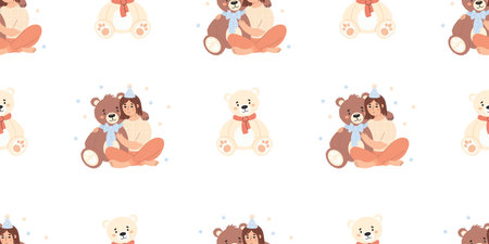 Seamless pattern. Birthday Happy woman hugging teddy bear toy on white background. Vector illustration in flat style. Festive designのイラスト素材