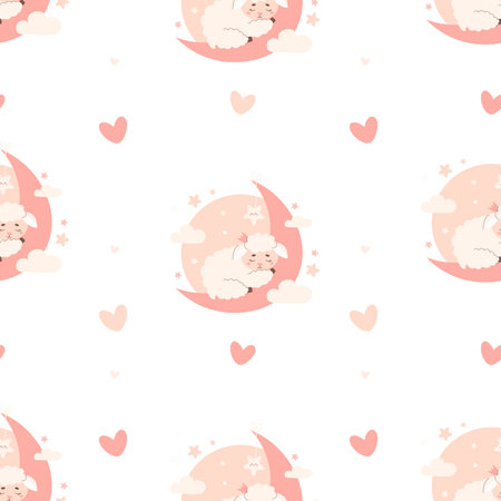Seamless pattern with cute little sleeping sheep on moon on white background. Vector illustration for design, wallpaper, packaging, textile. Kids Scandinavian collection in pastel colorsのイラスト素材