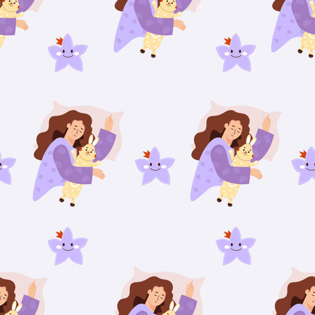 Seamless pattern with sleeping girl with plush rabbit toy on light background with stars. Vector illustration for design, wallpaper, packaging, textile.のイラスト素材