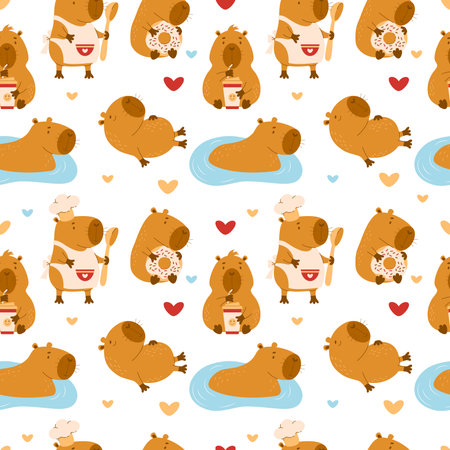 Seamless pattern. Cute animal capybaras characters on white background. Vector illustration for design, wallpaper, packaging, textile. kids collection.のイラスト素材