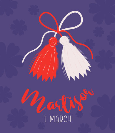 Martisor talisman, traditional red and white accessory Martenitsa. Baba Marta Day. spring holiday. Vector holiday card.のイラスト素材