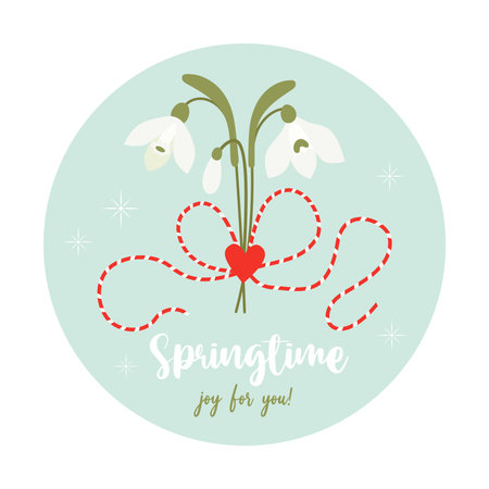 Martisor. Springtime. Traditional holiday red and white accessory Martenitsa with bouquet of snowdrop flowers. Symbol for spring beginning. 1 March. Vector illustration in flat styleのイラスト素材