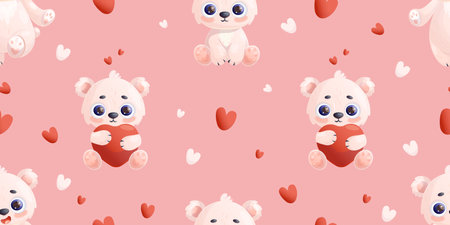 Romantic seamless pattern with white polar bear with hearts on pink background. Vector illustration valentine backdrop in cartoon style for design, wallpaper, packaging, textileのイラスト素材
