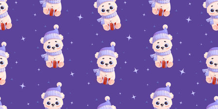 Seamless pattern with white polar bear with gift on purple background. Vector illustration in cartoon style. Kids collectionのイラスト素材