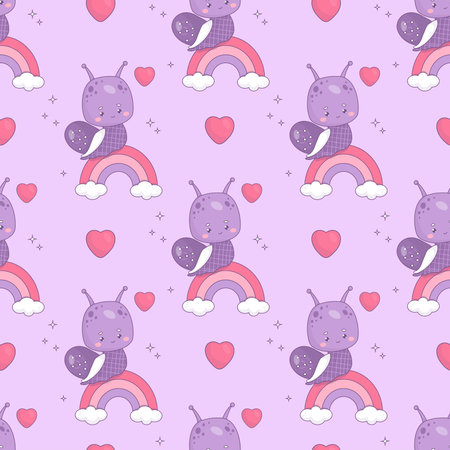 Seamless pattern with snail boy in love on rainbow. Funny kawaii insect on purple background. Vector illustration in trendy retro style. romantic valentine backdrop. Kids collectionのイラスト素材