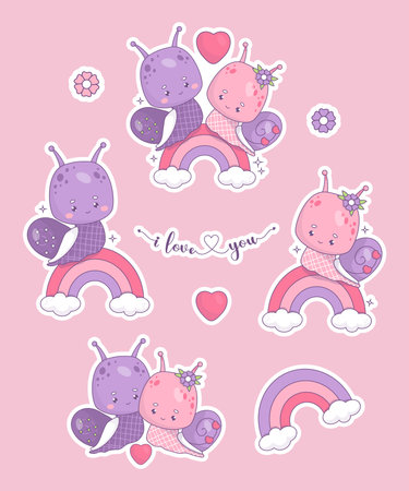 Sticker collection enamored romance couple snail. Cute kawaii valentines character insect girl and boy on rainbow with heart and lettering I love you. Isolated vector illustrationのイラスト素材