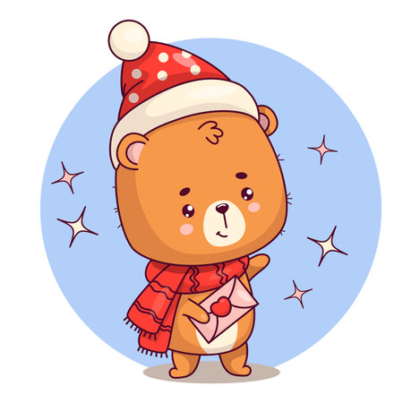 Cute bear with love letter. Funny teddy bear in winter hat and scarf. Animal kawaii character. Vector illustration.のイラスト素材