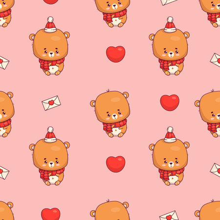 Seamless pattern with cute bear cub with hearts and love letters on pink background. Funny kawaii animal character. Vector illustration. Kids collection.のイラスト素材