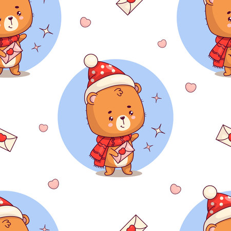 Seamless pattern with cute bear cub with love letter on white background. Funny kawaii winter animal character. Vector illustration. Holiday romantic valentine backdrop. Kids collection.のイラスト素材
