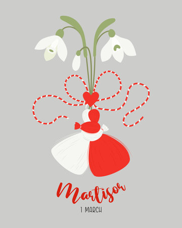 Martisor. Traditional holiday accessory talisman Martenitsa with snowdrop flowers. Symbol for spring beginning. 1 March. Vector illustration postcard in flat style.のイラスト素材