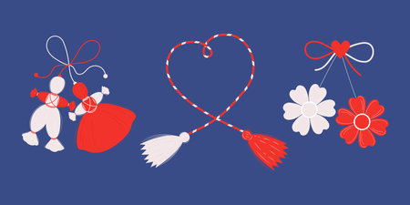 Martisor. Collection Red and white accessory talisman Martenitsa. Baba Marta Day, Traditional holiday. Symbol for spring beginning. 1 March. Isolated vector holiday symbols on blue background.のイラスト素材