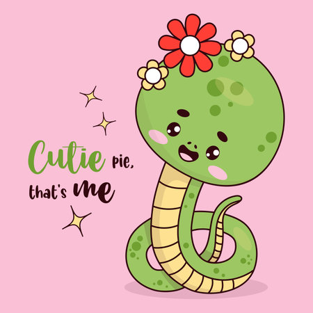 Cute snake with flowers. Reptile kawaii character. Vector illustration with cartoon serpent. Kids collectionのイラスト素材