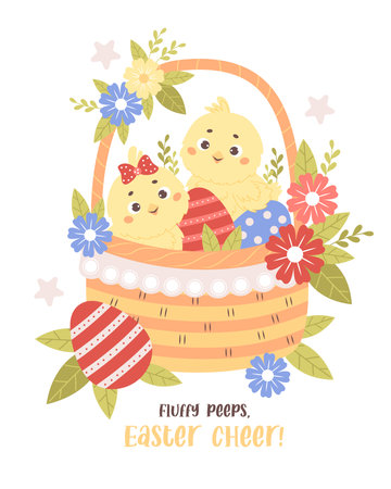 Cute little chick girl and boy in Easter basket with paschal eggs and flowers. Holiday card. Vector illustration. Kids collectionのイラスト素材