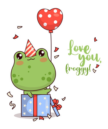 Happy little frog in birthday cap with balloon in gift box. Cute animal kawaii character. Vector illustration. Cool card with funny slogan. Kids collectionのイラスト素材