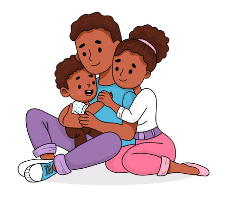 Happy cute black family. Beautiful ethnic sitting woman and man with smiling child son. Vector illustration. Colored hand drawn doodle style.のイラスト素材