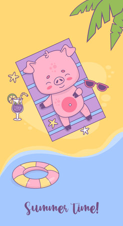 Summer time vertical poster. Happy pig beachgoer sunbathing on tropical shore under palm leaves. Cute beach holiday animal character. Vector illustration.のイラスト素材