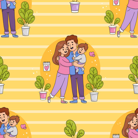Seamless pattern with cute family. Happy man father hugs his wife and holds son in his arms on yellow striped background. Vector illustration in colored hand drawn doodle styleのイラスト素材