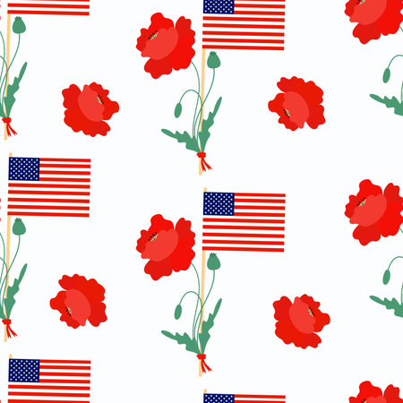 Seamless pattern Memorial Day. American flag with flowers red poppy on white background. Vector illustration for design national traditional holidays and Independence Dayのイラスト素材