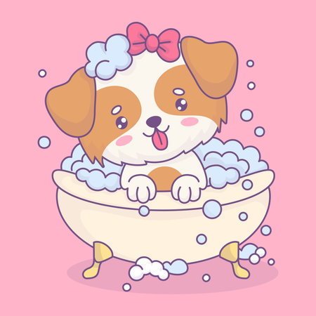 Cute dog girl bathes in bubble bath. Funny cartoon kawaii animal character. Vector illustration. Bathing, hygiene and beauty in bathroom pet. Kids collectionのイラスト素材